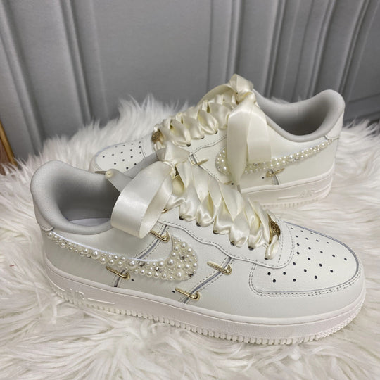 Custom Air Force 1 White With Pearls And Satin Ribbons 