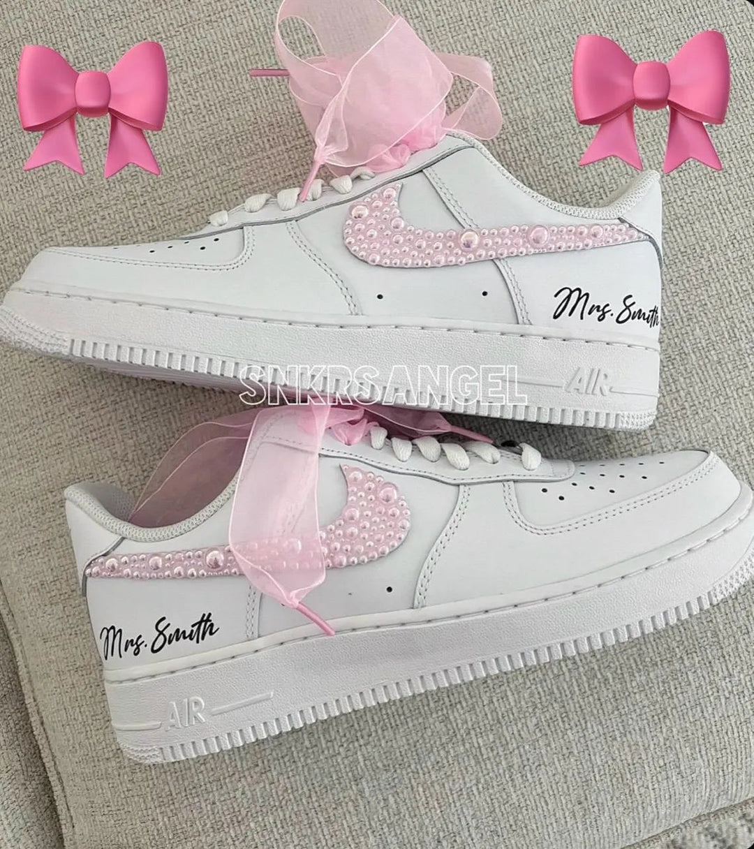 Custom Air Force 1 White With Pink Pearl Embellishments And Ribbons