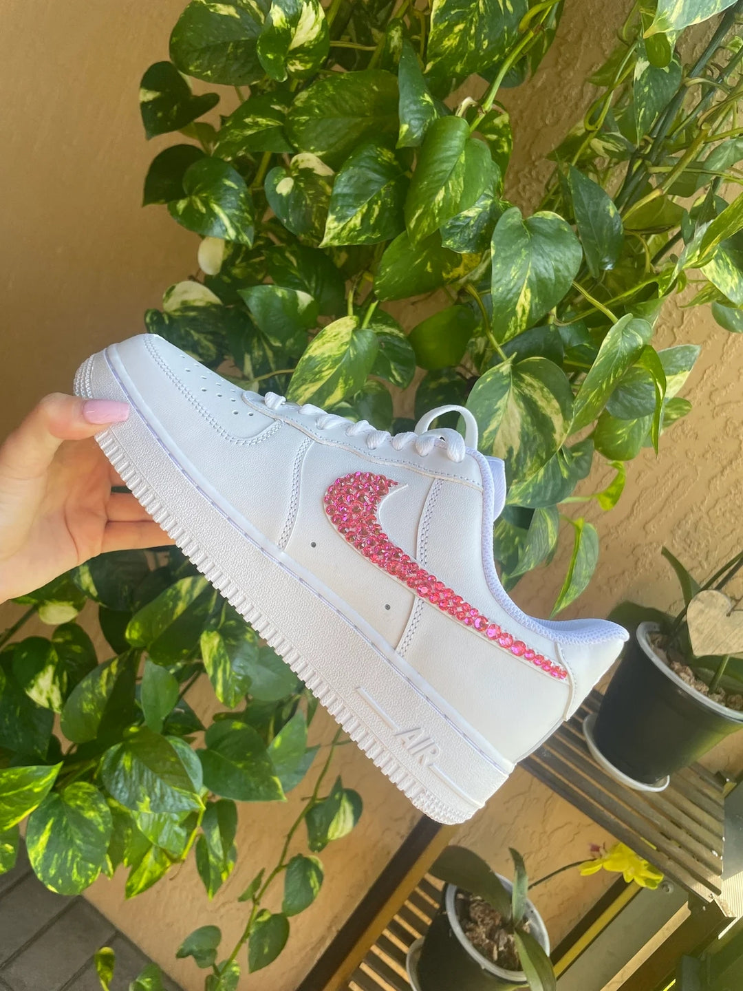 Custom Air Force 1 White With Pink Rhinestones Swoosh