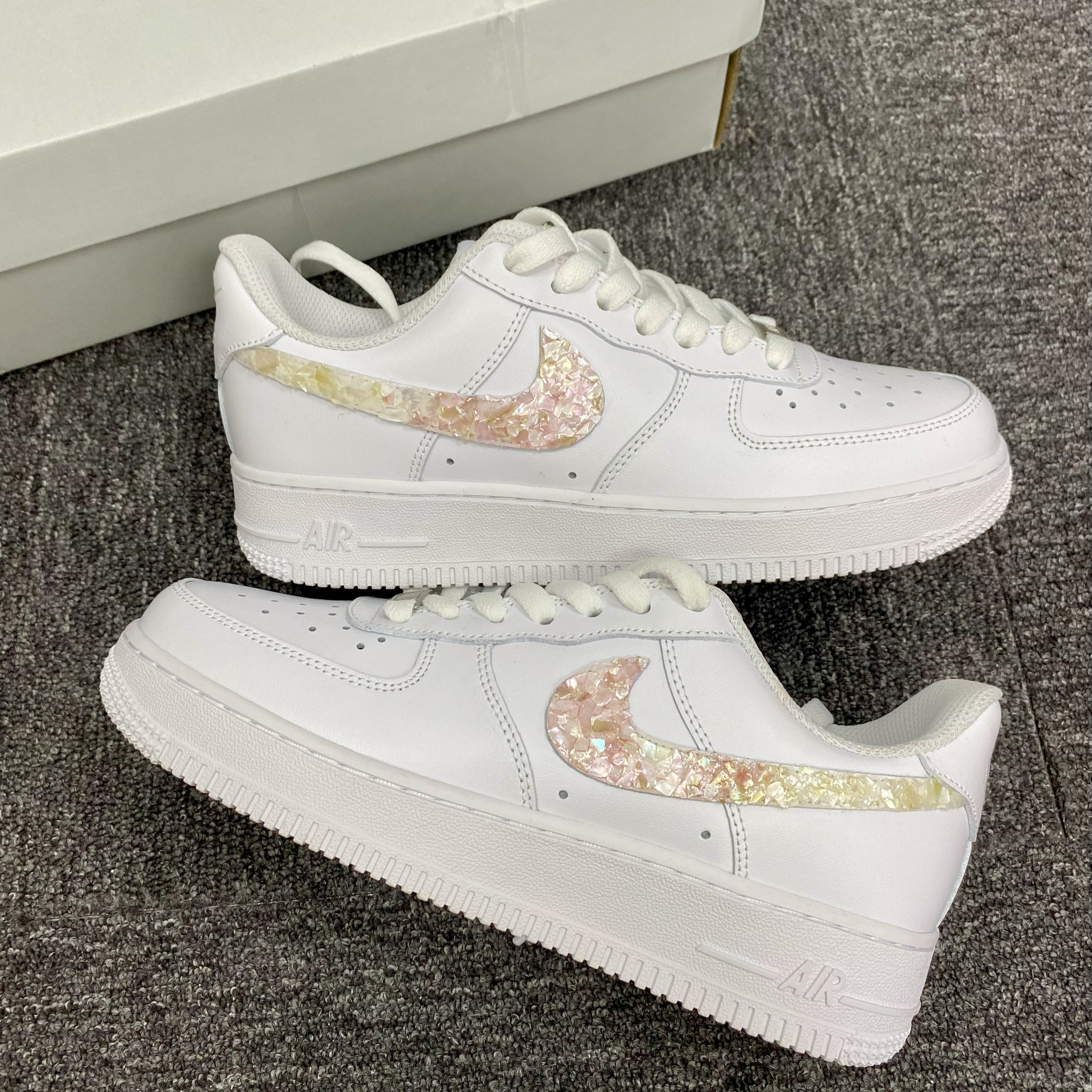 Custom Air Force 1 White With Pink Sequin Pattern Fritillaria Swoosh