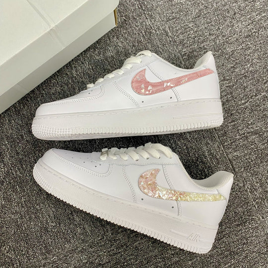 Custom Air Force 1 White With Pink Sequin Pattern Fritillaria Swoosh