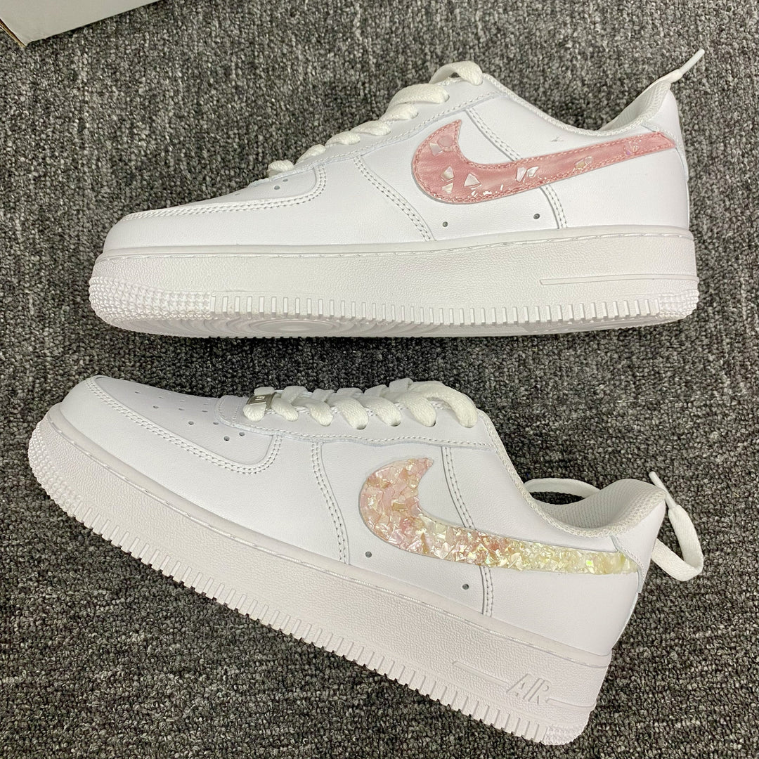Custom Air Force 1 White With Pink Sequin Pattern Fritillaria Swoosh