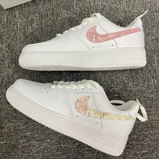 Custom Air Force 1 White With Pink Sequin Pattern Fritillaria Swoosh