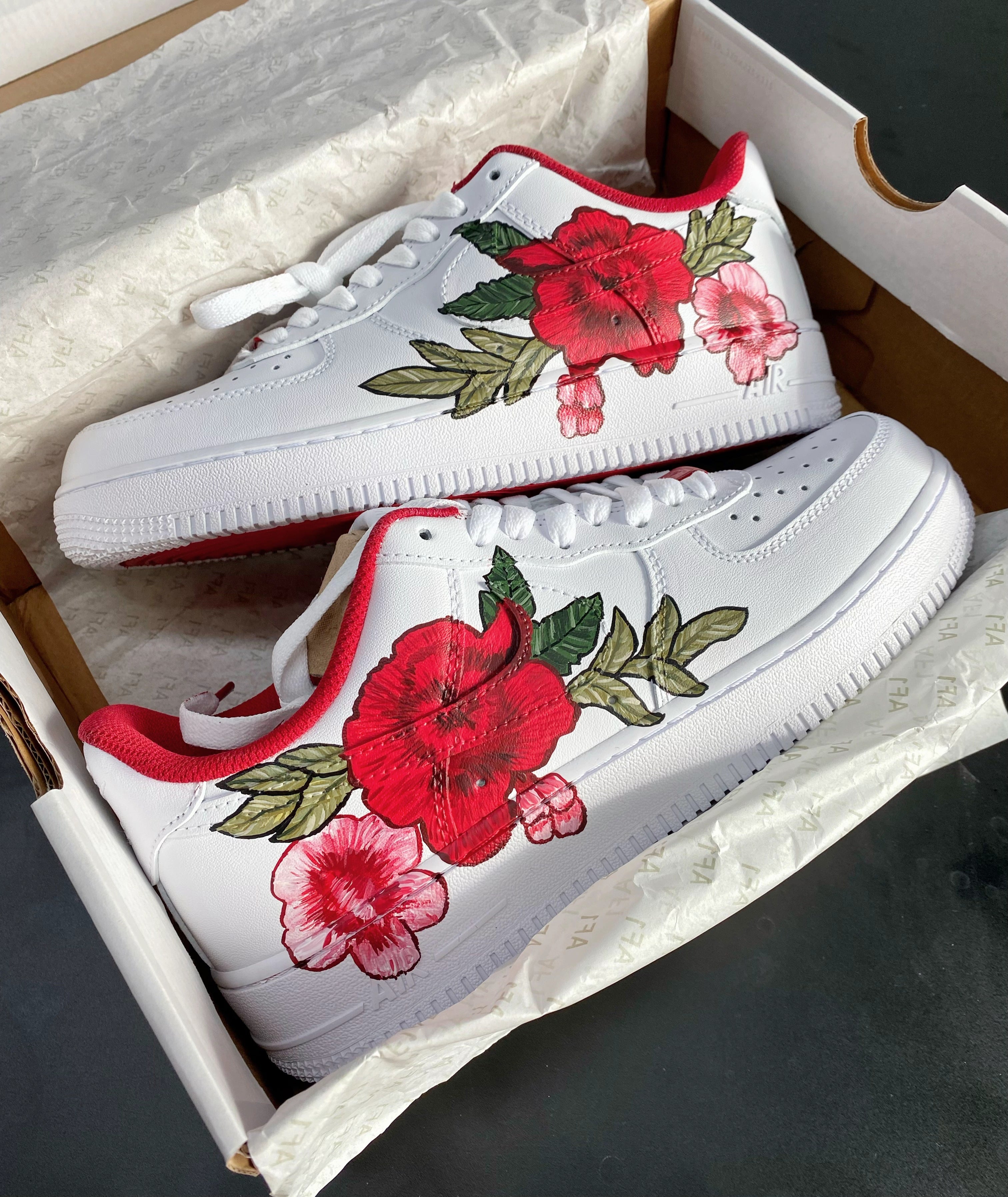Custom Air Force 1 White With Red And Pink Flower Design 