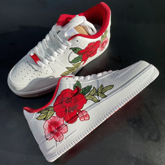 Custom Air Force 1 White With Red And Pink Flower Design 