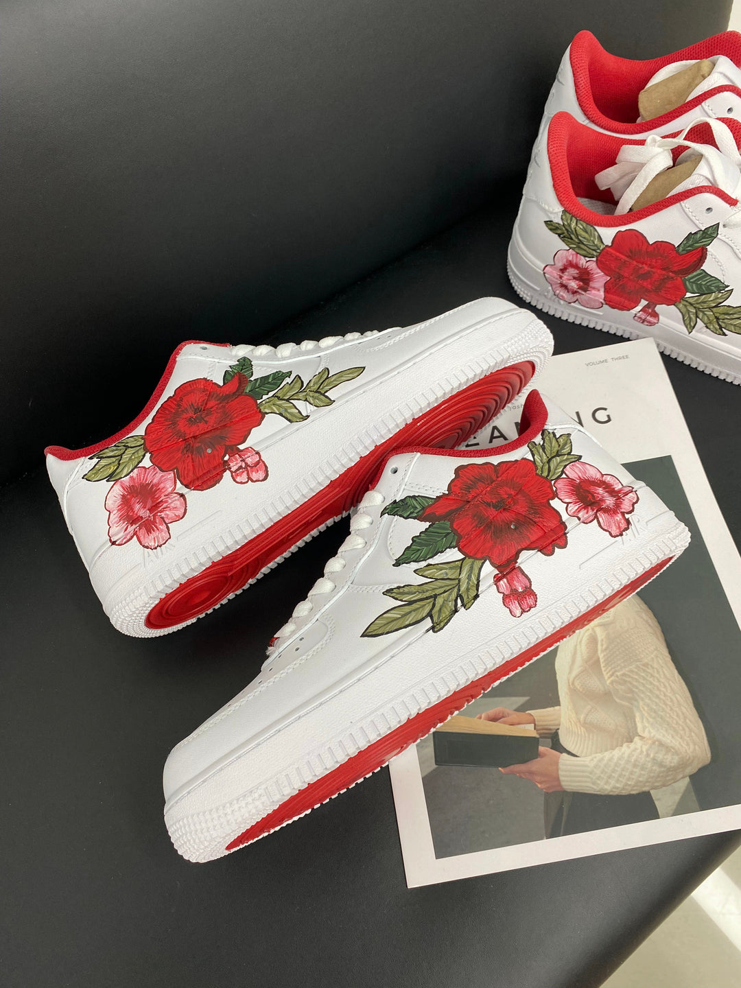 Custom Air Force 1 White With Red And Pink Flower Design 