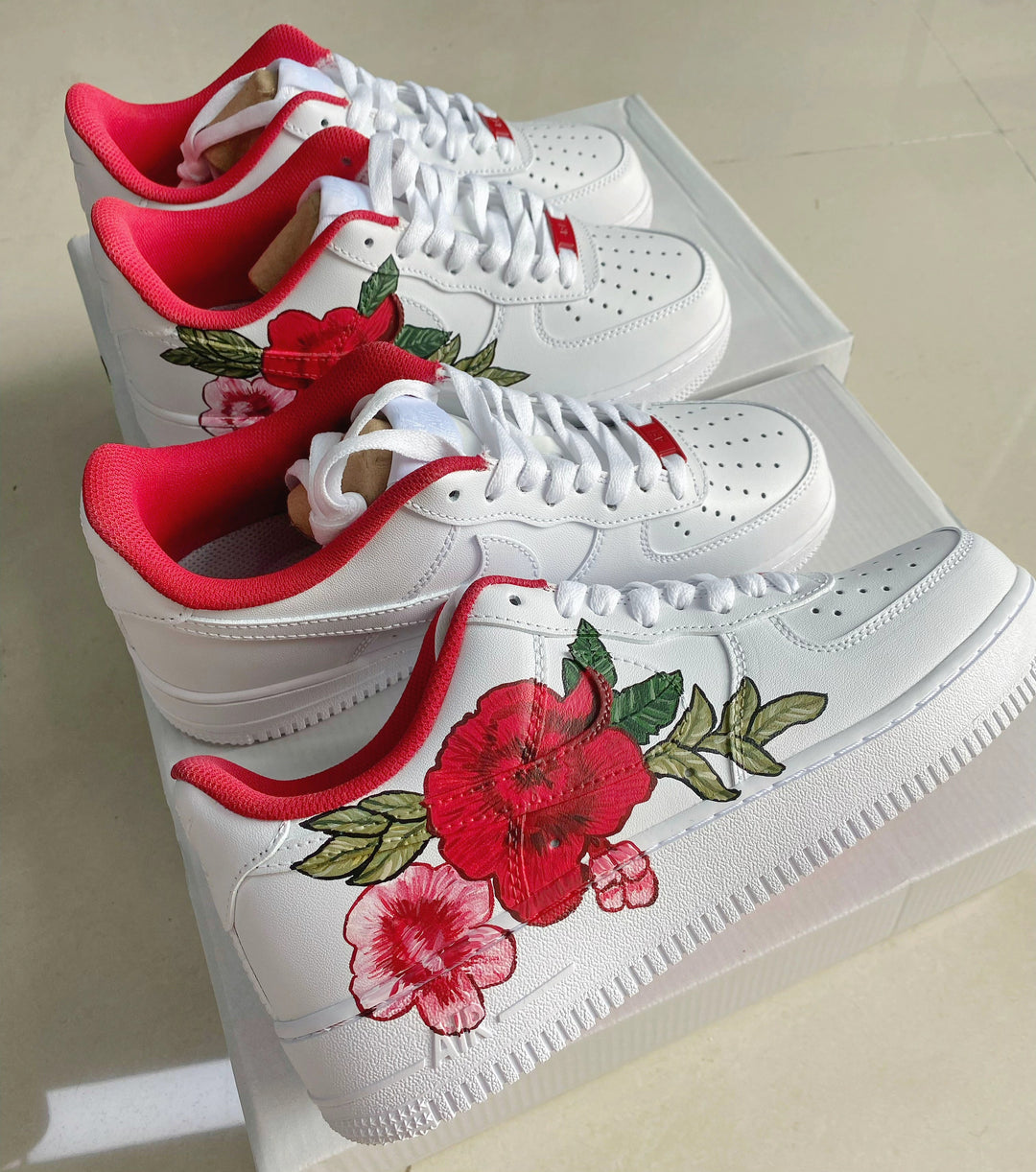 Custom Air Force 1 White With Red And Pink Flower Design 
