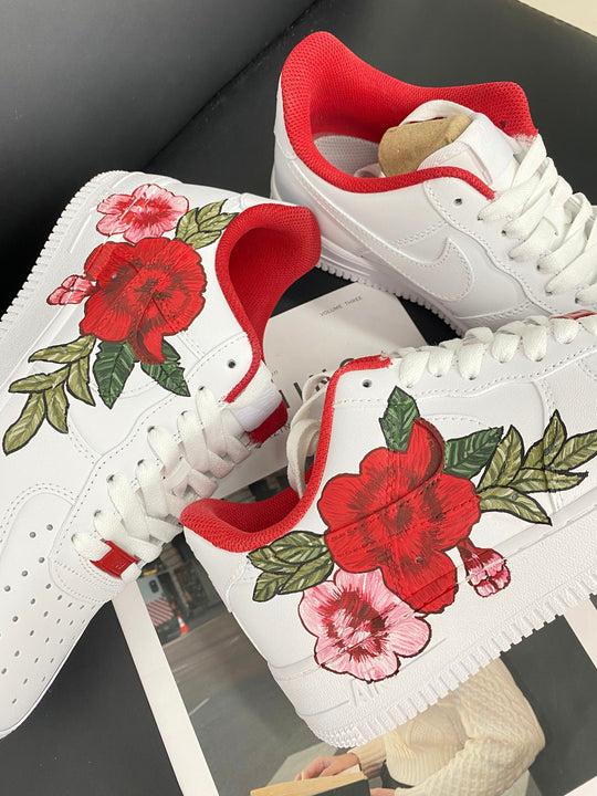 Custom Air Force 1 White With Red And Pink Flower Design 