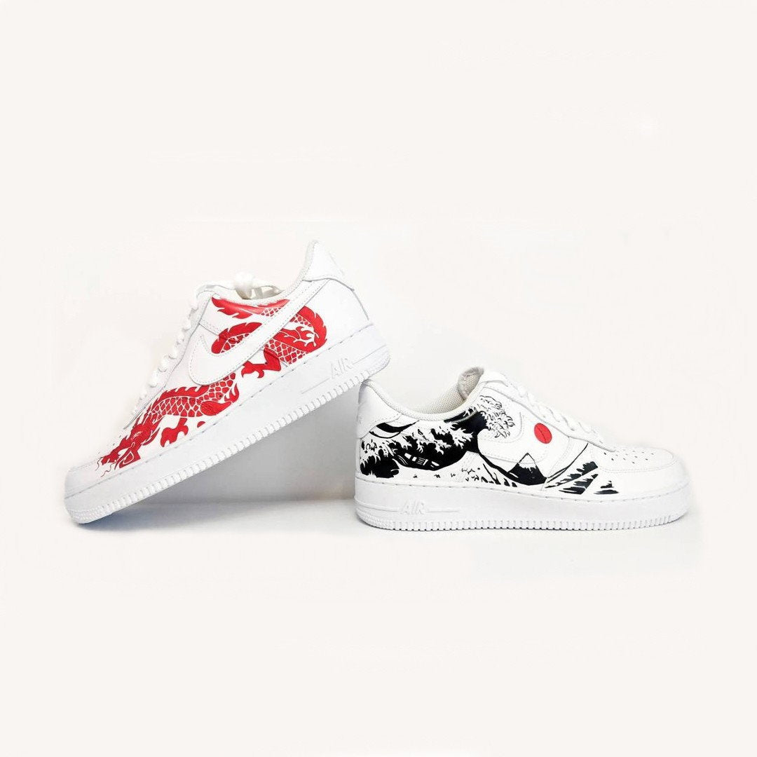 Custom Air Force 1 White With Red Dragon And Black Wave Pattern 