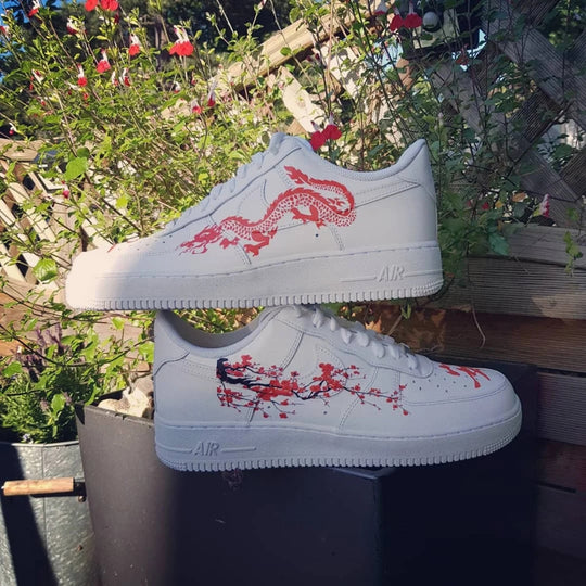Custom Air Force 1 White With Red Dragon And Plum Blossom Pattern