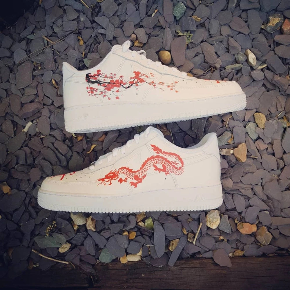 Custom Air Force 1 White With Red Dragon And Plum Blossom Pattern
