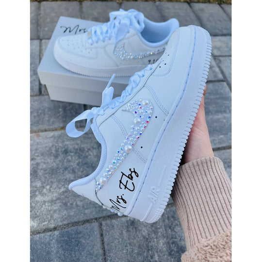 Custom Air Force 1 White With Rhinestones And Pearls Swoosh