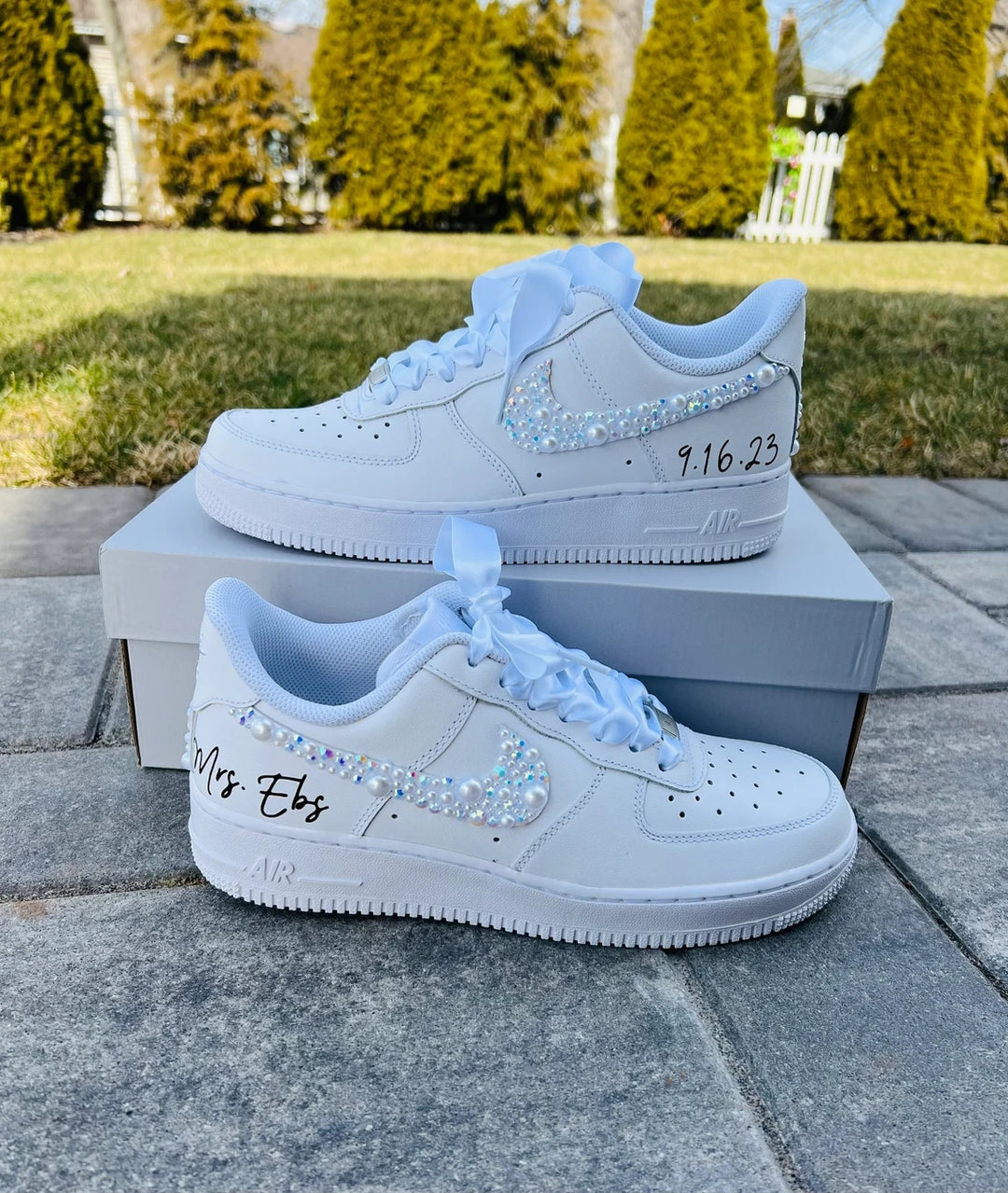 Custom Air Force 1 White With Rhinestones And Pearls Swoosh