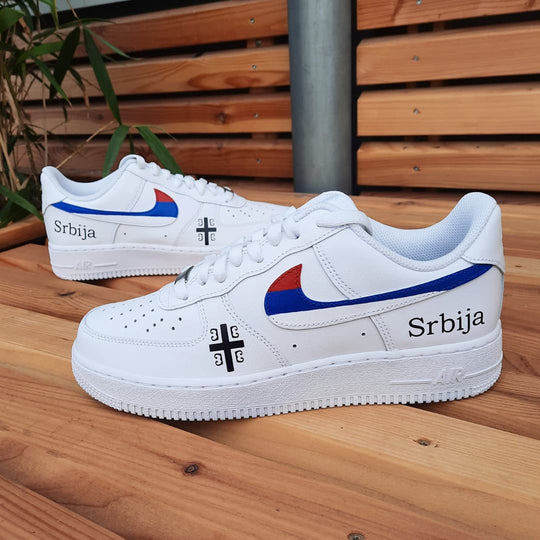 Custom Air Force 1 White With Serbian Symbols And Flag - Inspired Design