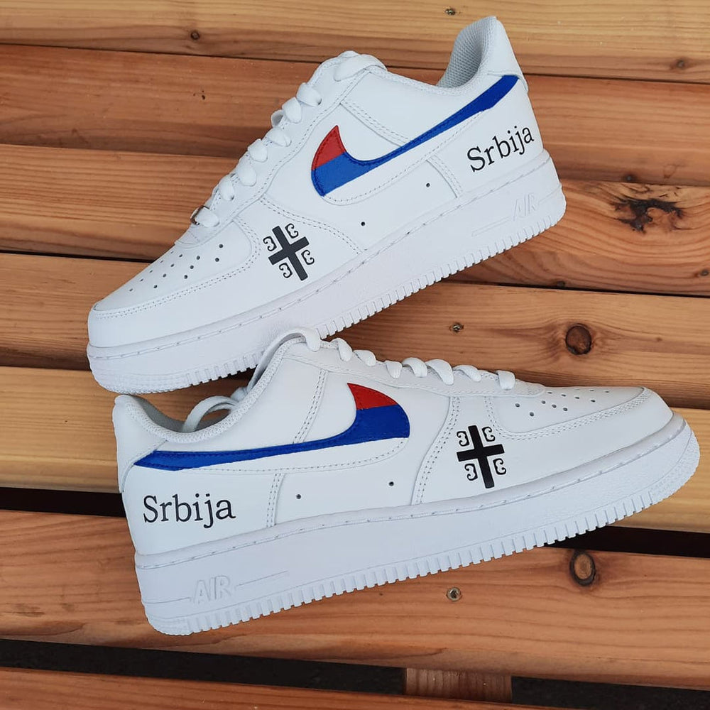 Custom Air Force 1 White With Serbian Symbols And Flag - Inspired Design