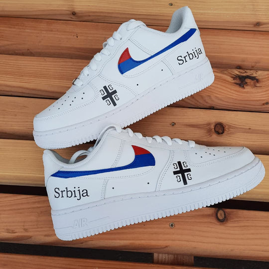 Custom Air Force 1 White With Serbian Symbols And Flag - Inspired Design