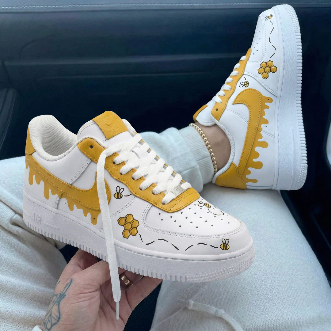 Custom Air Force 1 White Yellow Honey Drip Bees Honeycomb