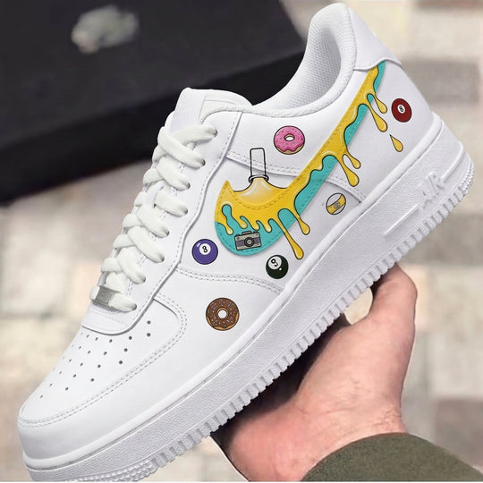 Custom Air Force 1 Yellow Teal Drip Donuts Billiards Balls Camera