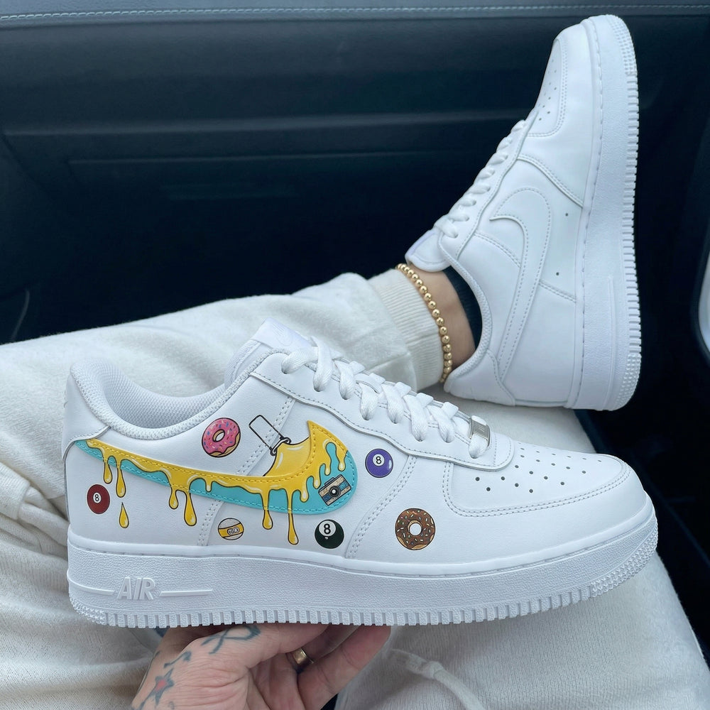 Custom Air Force 1 Yellow Teal Drip Donuts Billiards Balls Camera