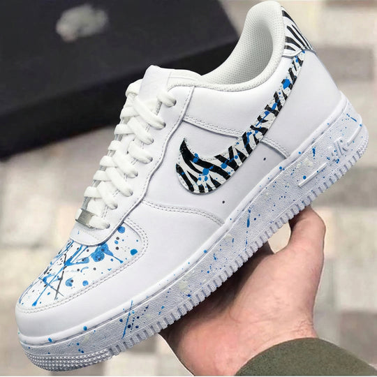 Custom Air Force 1 Zebra Stripes Blue Splatter