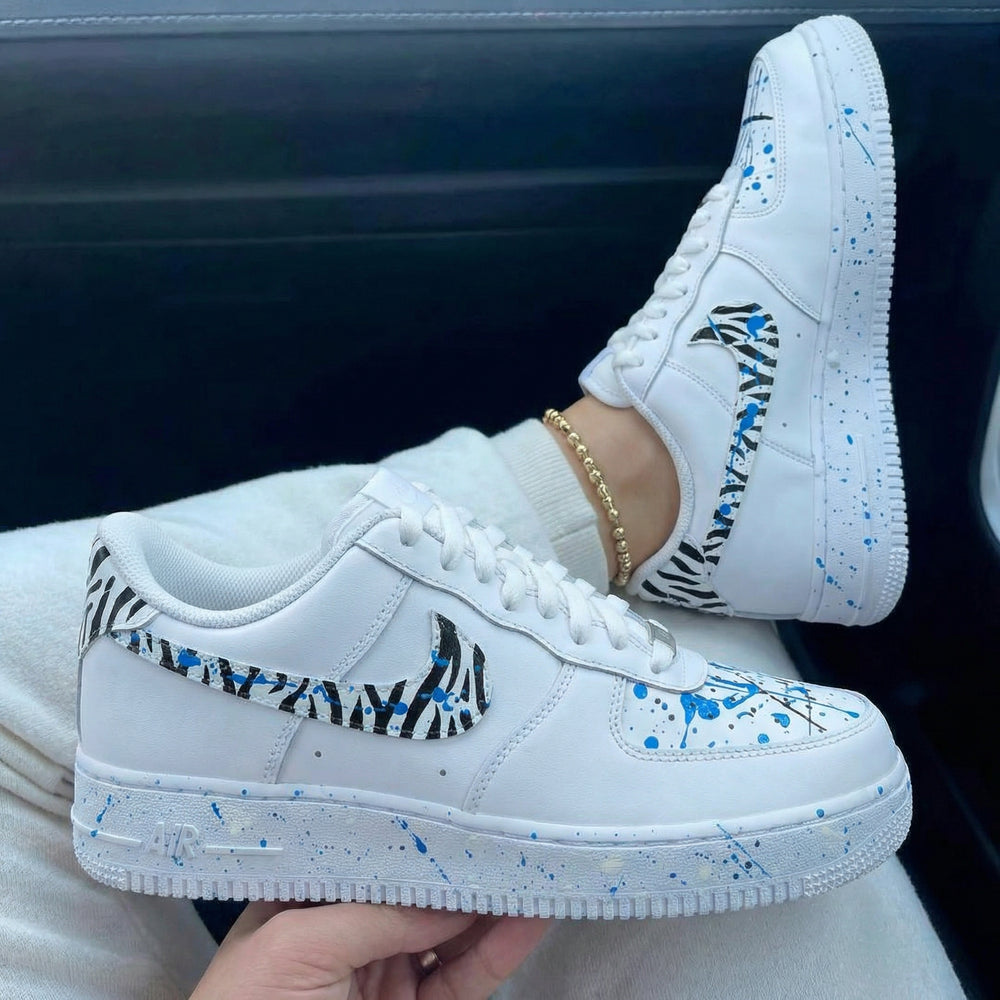 Custom Air Force 1 Zebra Stripes Blue Splatter
