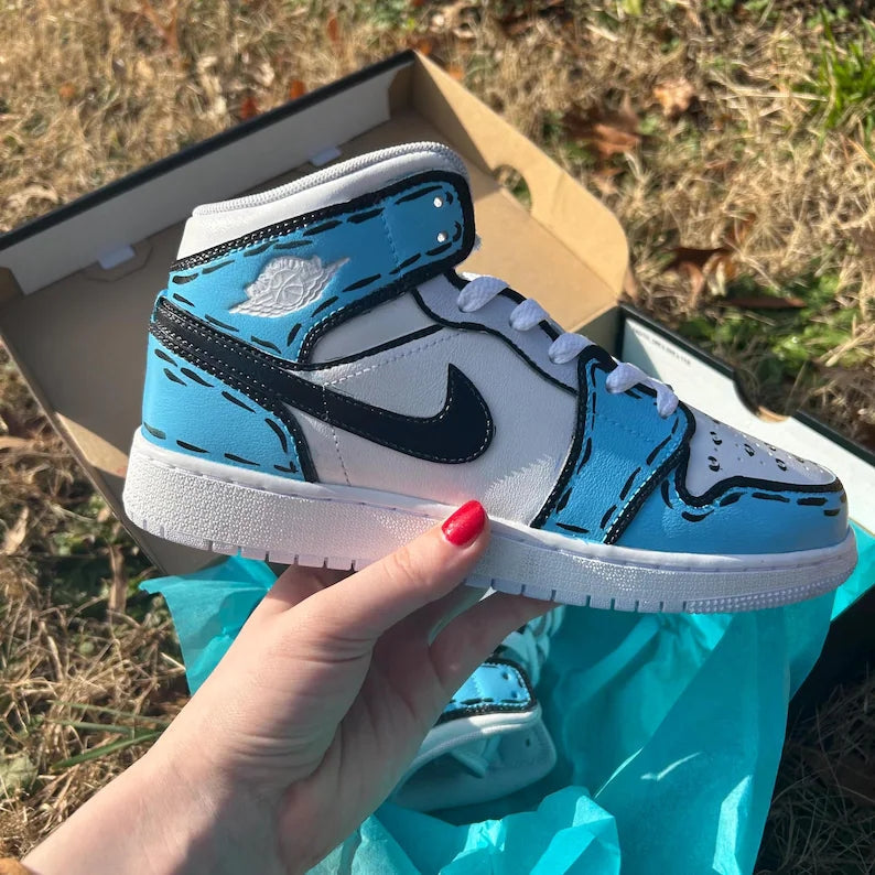 Custom Air Jordan 1 Baby Blue Black Cartoon Pattern