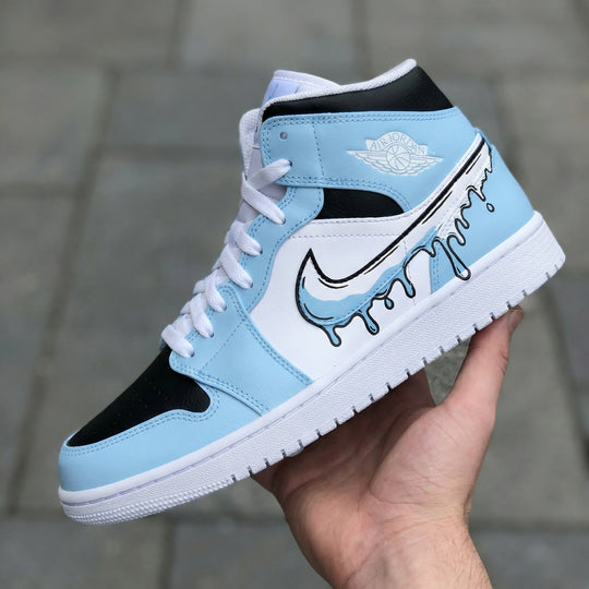 Custom Air Jordan 1 Baby Blue Black Drip Swoosh