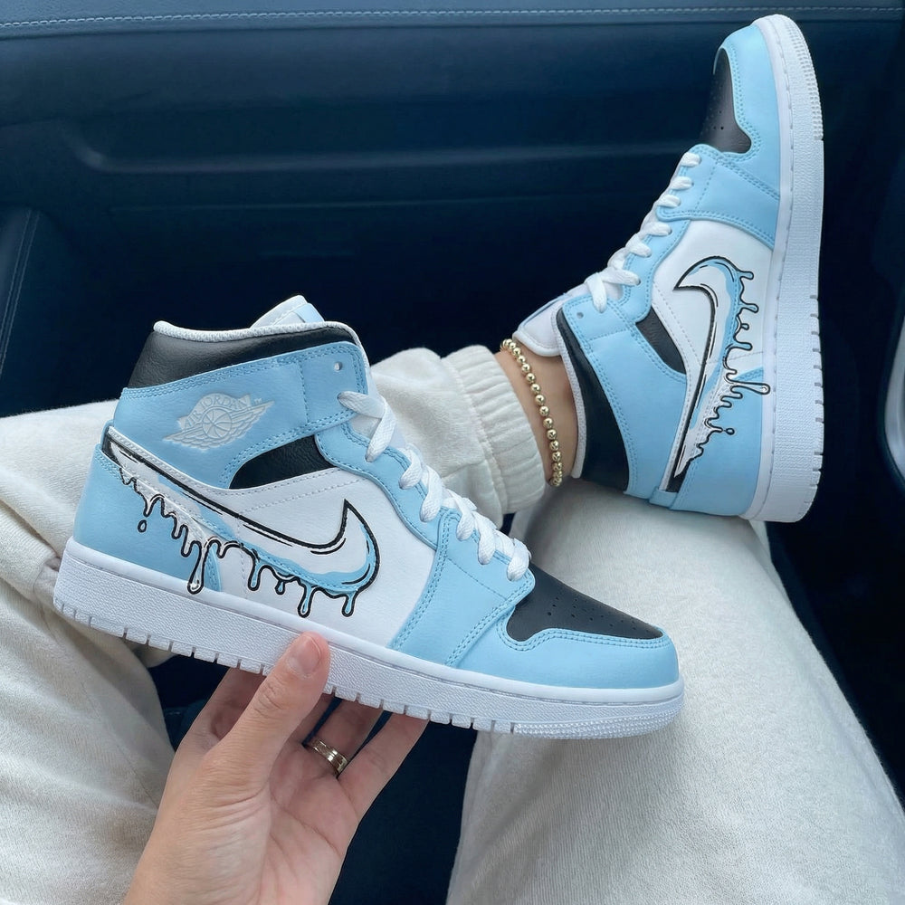 Custom Air Jordan 1 Baby Blue Black Drip Swoosh
