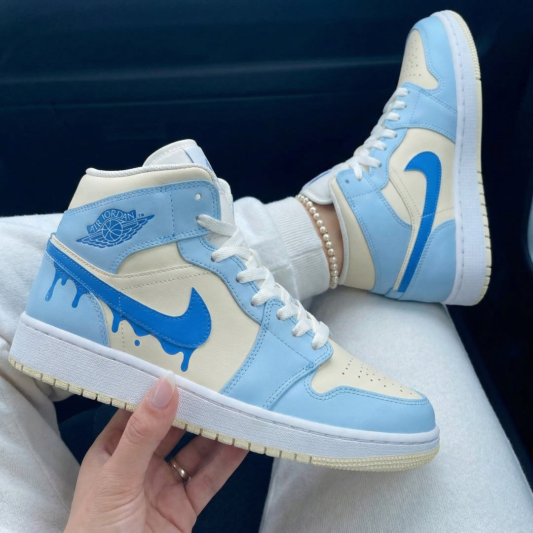 Custom Air Jordan 1 Baby Blue Cream Drip Swoosh