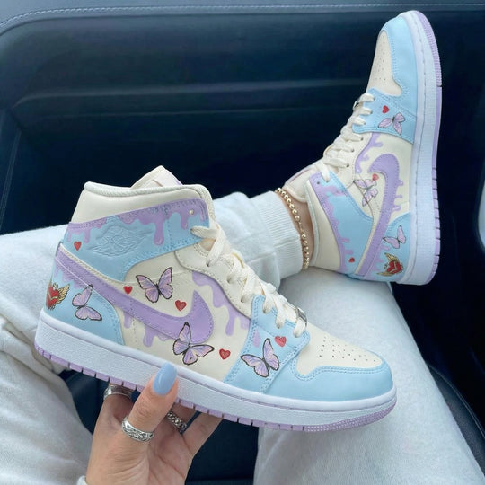 Custom Air Jordan 1 Baby Blue Lavender with Butterflies and Hearts