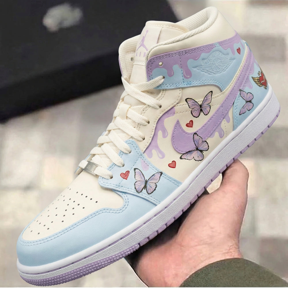 Custom Air Jordan 1 Baby Blue Lavender with Butterflies and Hearts