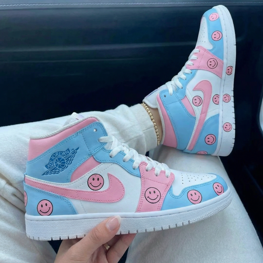 Custom Air Jordan 1 Baby Blue Pink Smiley Face