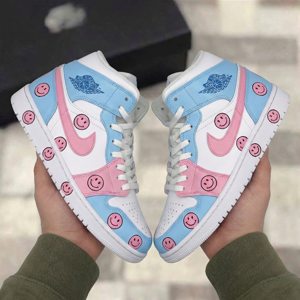 Custom Air Jordan 1 Baby Blue Pink Smiley Face
