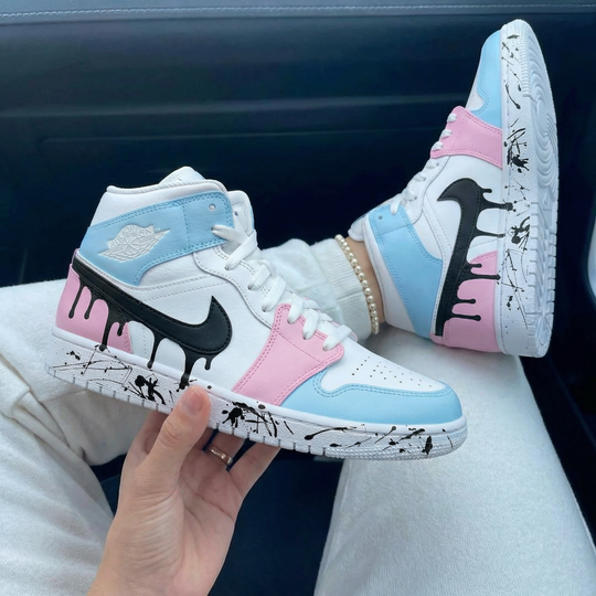 Custom Air Jordan 1 Baby Blue Pink with Dripping Black Pattern
