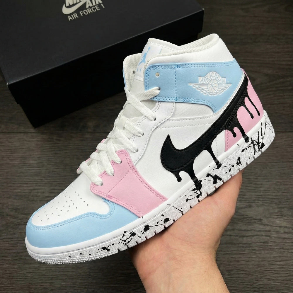 Custom Air Jordan 1 Baby Blue Pink with Dripping Black Pattern
