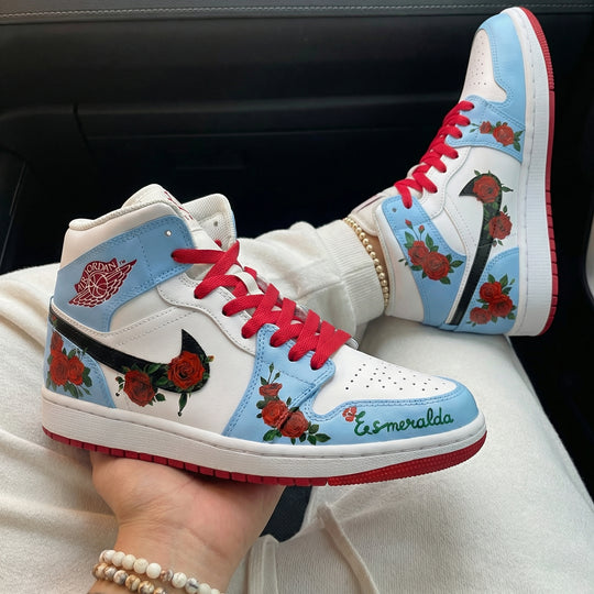 Custom Air Jordan 1 Baby Blue Red Rose Design