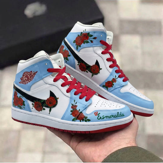 Custom Air Jordan 1 Baby Blue Red Rose Design