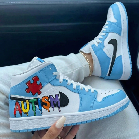 Custom Air Jordan 1 Baby Blue White Autism Puzzle Design