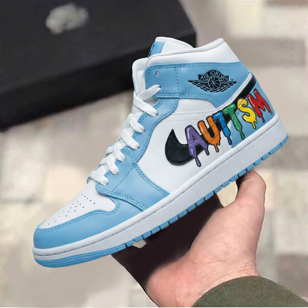 Custom Air Jordan 1 Baby Blue White Autism Puzzle Design