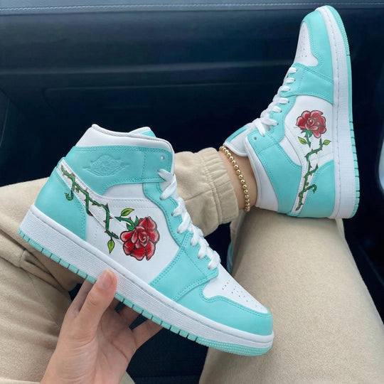 Custom Air Jordan 1 Baby Blue White Rose Design