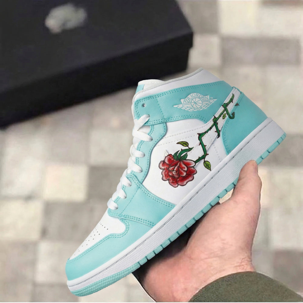 Custom Air Jordan 1 Baby Blue White Rose Design