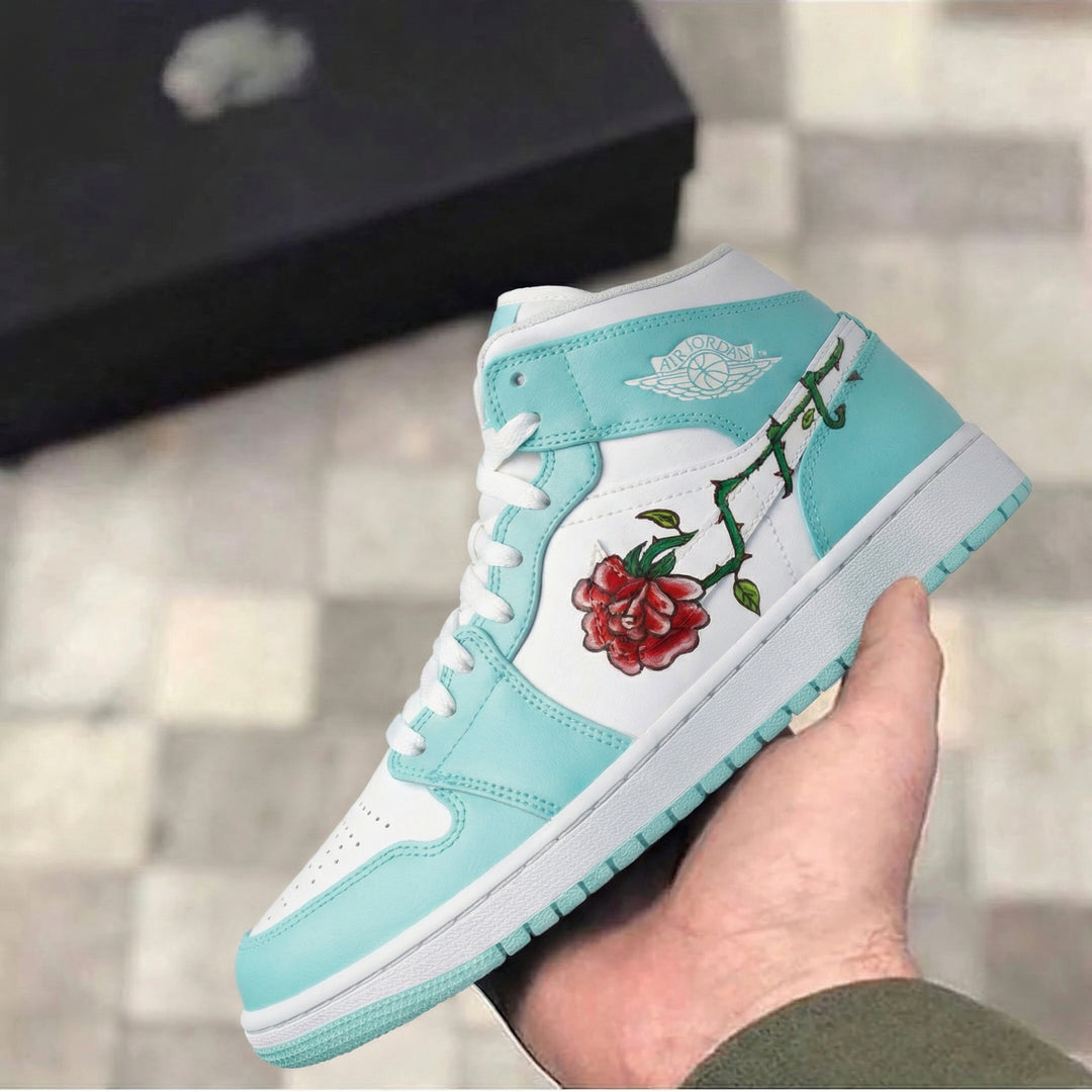 Custom Air Jordan 1 Baby Blue White Rose Design