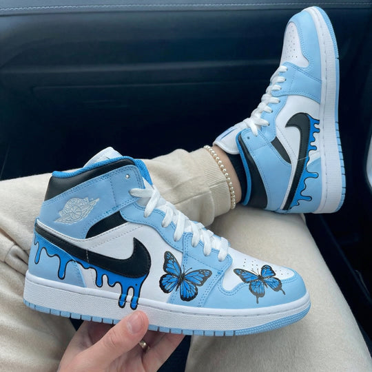 Custom Air Jordan 1 Baby Blue White with Butterflies and Drip Design