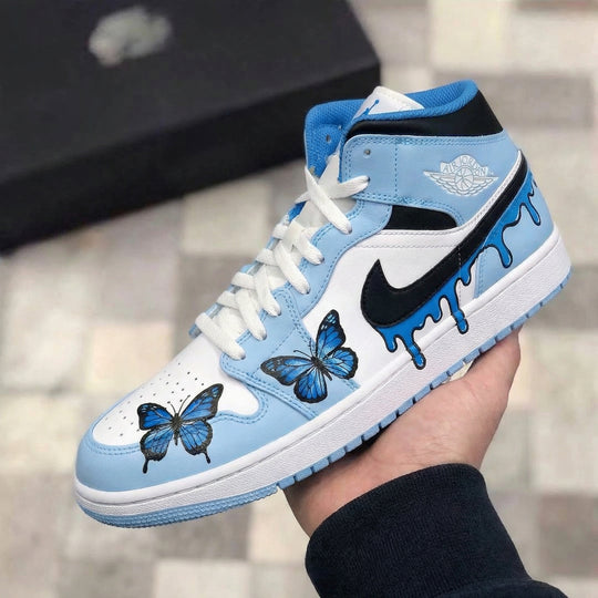 Custom Air Jordan 1 Baby Blue White with Butterflies and Drip Design
