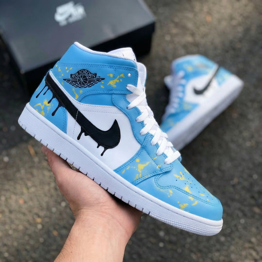 Custom Air Jordan 1 Baby Blue White with Drip and Splatter Design