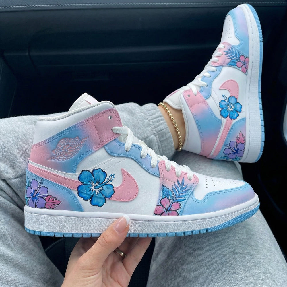 Custom Air Jordan 1 Baby Pink Baby Blue Hibiscus Flowers