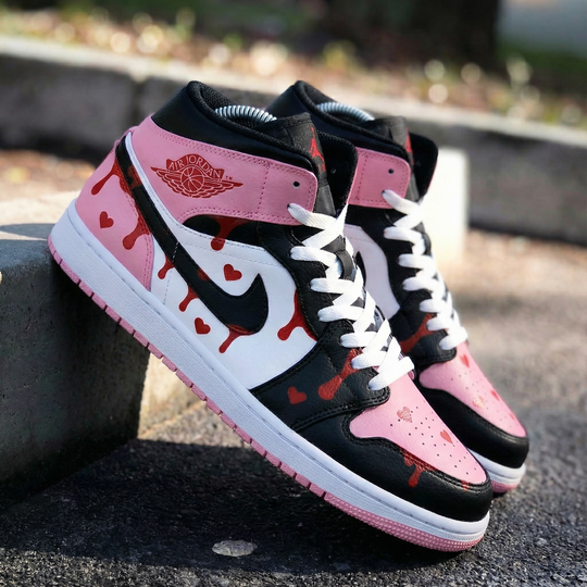 Custom Air Jordan 1 Baby Pink Black Heart Drip Design