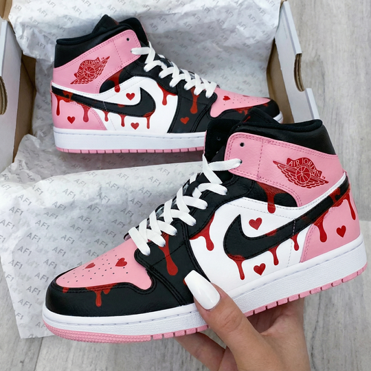 Custom Air Jordan 1 Baby Pink Black Heart Drip Design