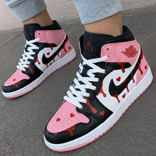 Custom Air Jordan 1 Baby Pink Black Heart Drip Design