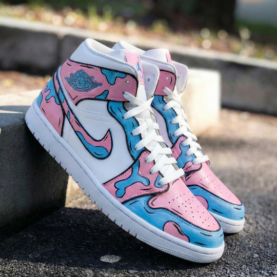 Custom Air Jordan 1 Baby Pink Blue Abstract Design